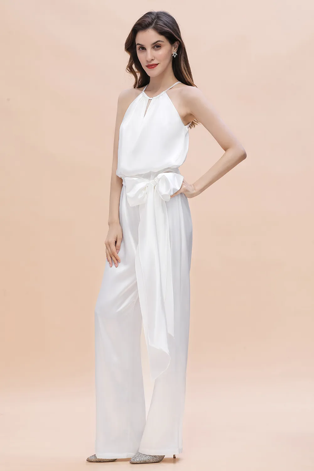 Brautjungfernkleider Jumpsuit Günstig | Weiße Hochzeitspartykleid Brautjungfern