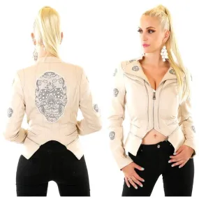 Damen Kunstlederjacke mit Totenkopf am Rücken Beige