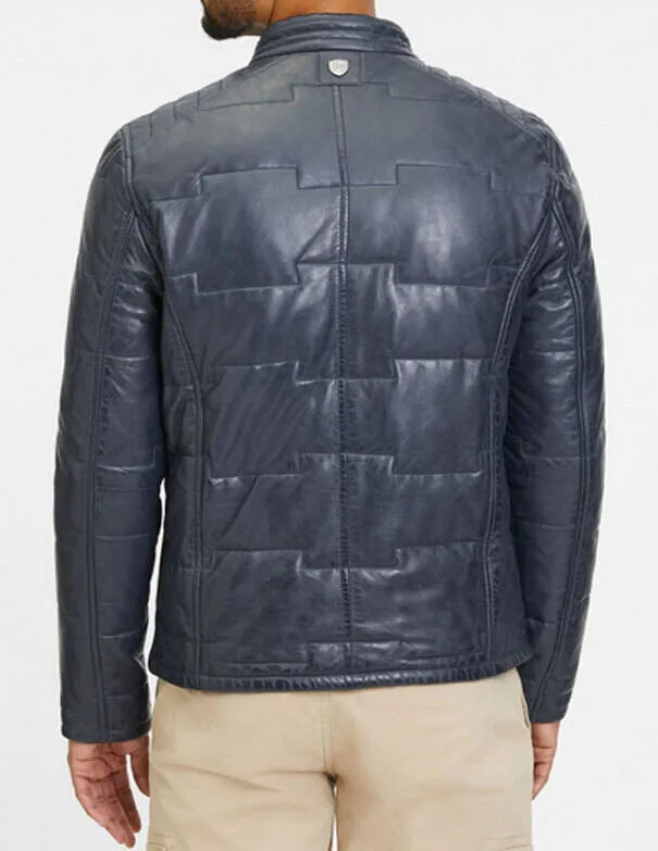 Graue Herren-Lederjacke im Daunenjacken-Stil &bdquo;Aplin&ldquo;.