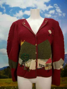 Handgestrickte rot Applikation und Hirschhornknöpfe Trachtenjacke Jacke Gr.42