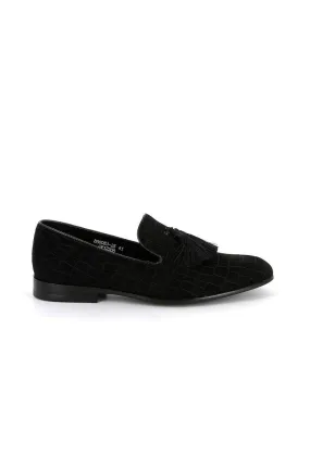 Herren-Slipper in Kroko-Samtoptik mit Pompon-Accessoire