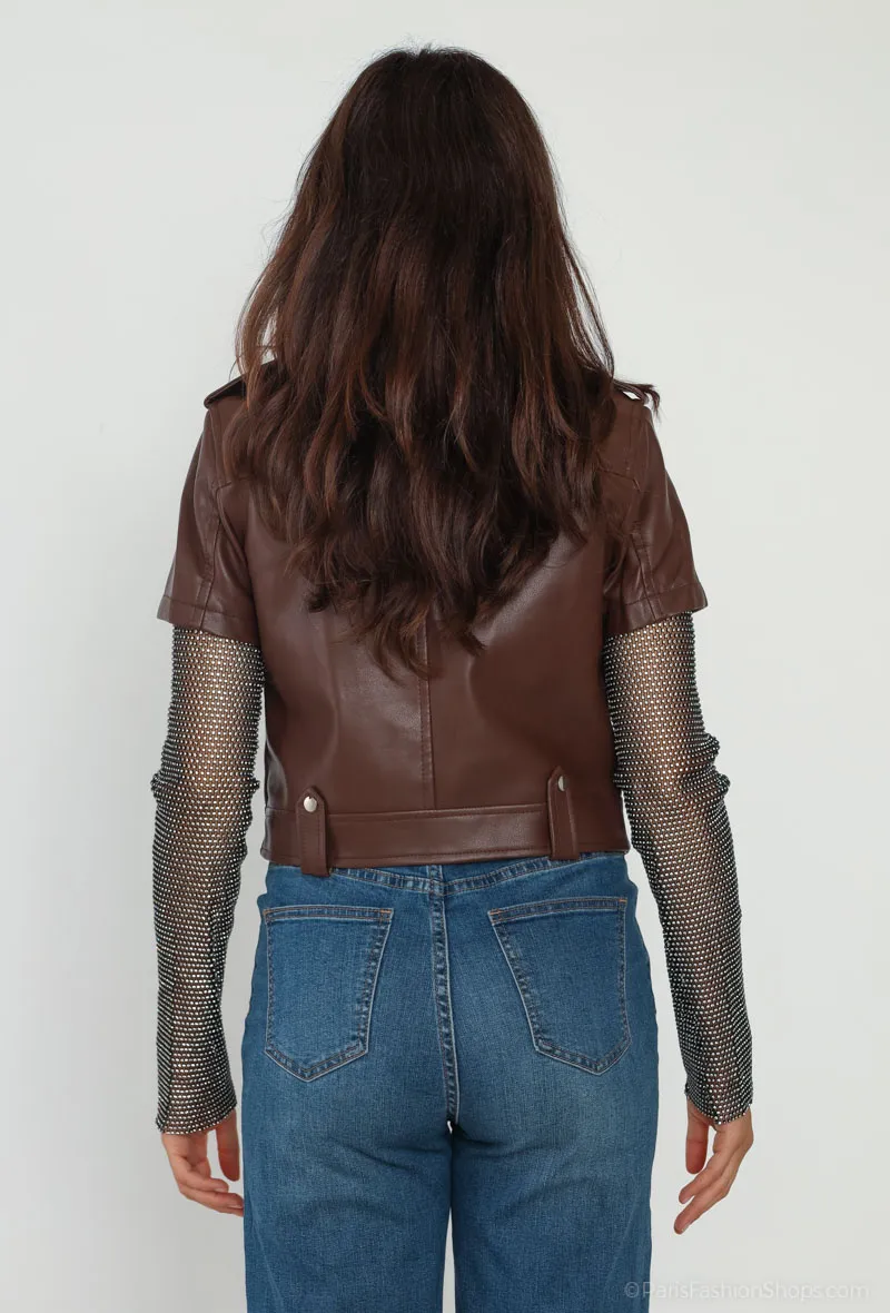 Kunstlederjacke mit glänzenden Netzärmeln