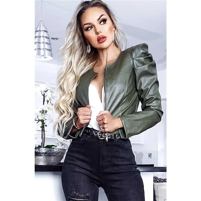 Kurze Damen Kunstlederjacke mit Puffärmeln Khaki