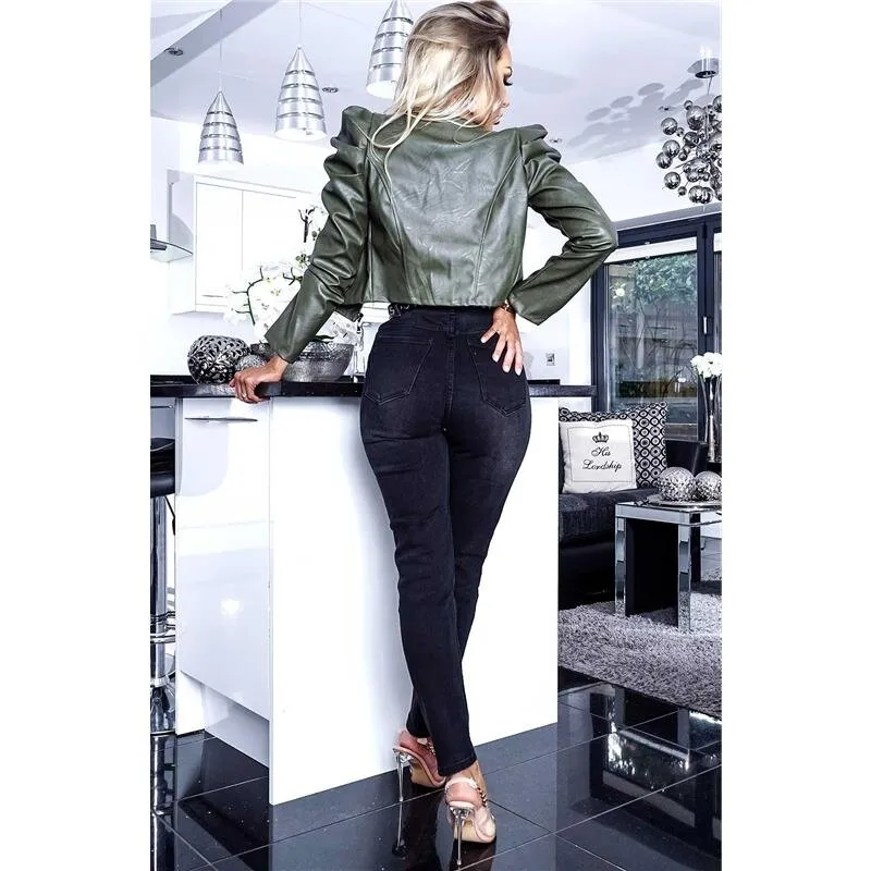 Kurze Damen Kunstlederjacke mit Puffärmeln Khaki