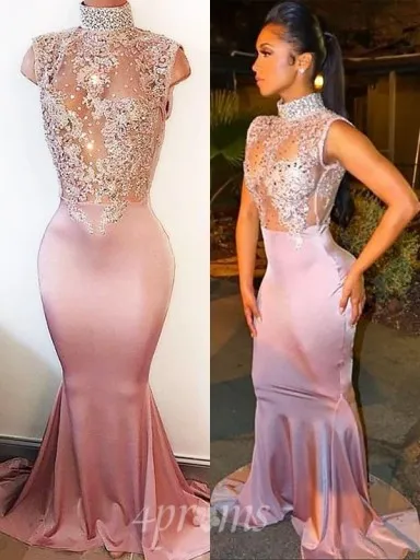 Meerjungfrau High Neck Zug Seide Wie Satin Mit Spitzenkleid JTC11033