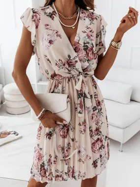 mittellanges Blumenkleid, Faltengürtel, V-Ausschnitt, schicker Boho-Strand