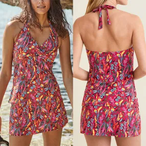 Modisches Badeanzug-Set mit Blumenmuster, bestehend aus Neckholder-Badeshirt und Baderock