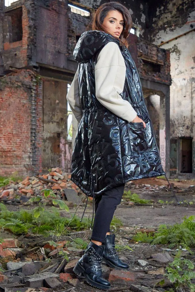 Schwarze glänzende lange Oversized Weste - Mode Marktplatz