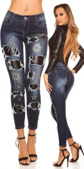 Sexy Skinny-Jeans im Used-Look mit Leder-Patches - blue washed